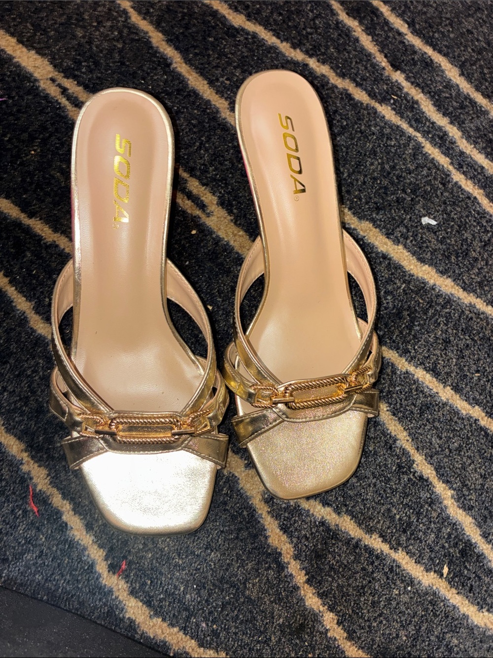 SODA Gold Metallic Chain-Trim Square-Toe Mules